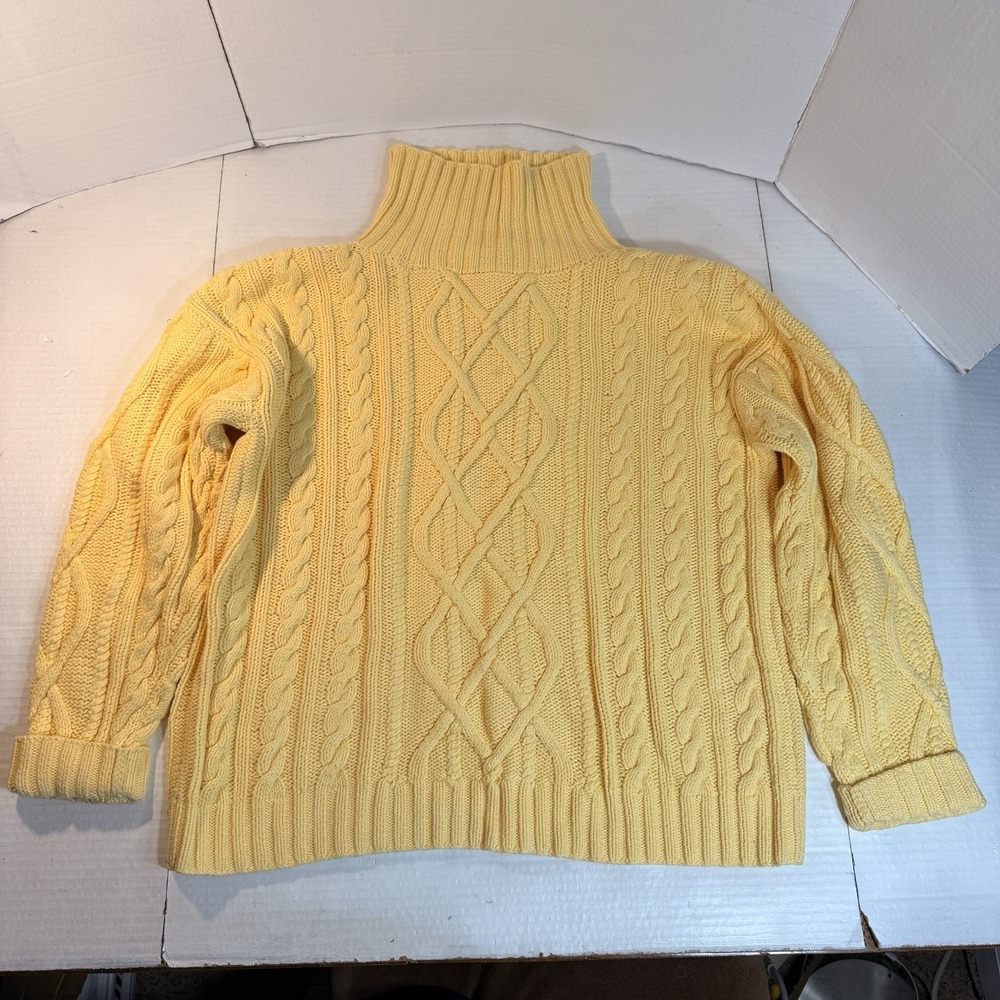 Y2K Harrods Chunky CableKnit Turtleneck Sweater Fisherman Butter Yellow L Women